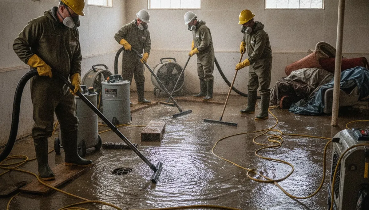Montgomery, AL basement flood cleanup crew removing standing water after storm damage