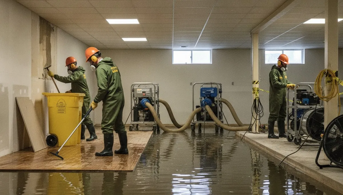 Emergency water removal crew in Montgomery, AL restoring a flooded home with extraction equipment