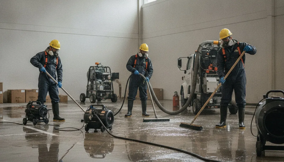 Water damage crew removing standing water in Montgomery, AL home for emergency water removal service