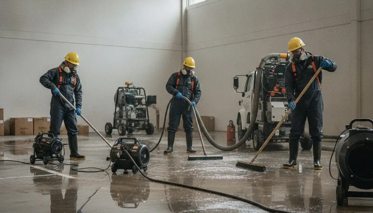 Water damage crew removing standing water in Montgomery, AL home for emergency water removal service