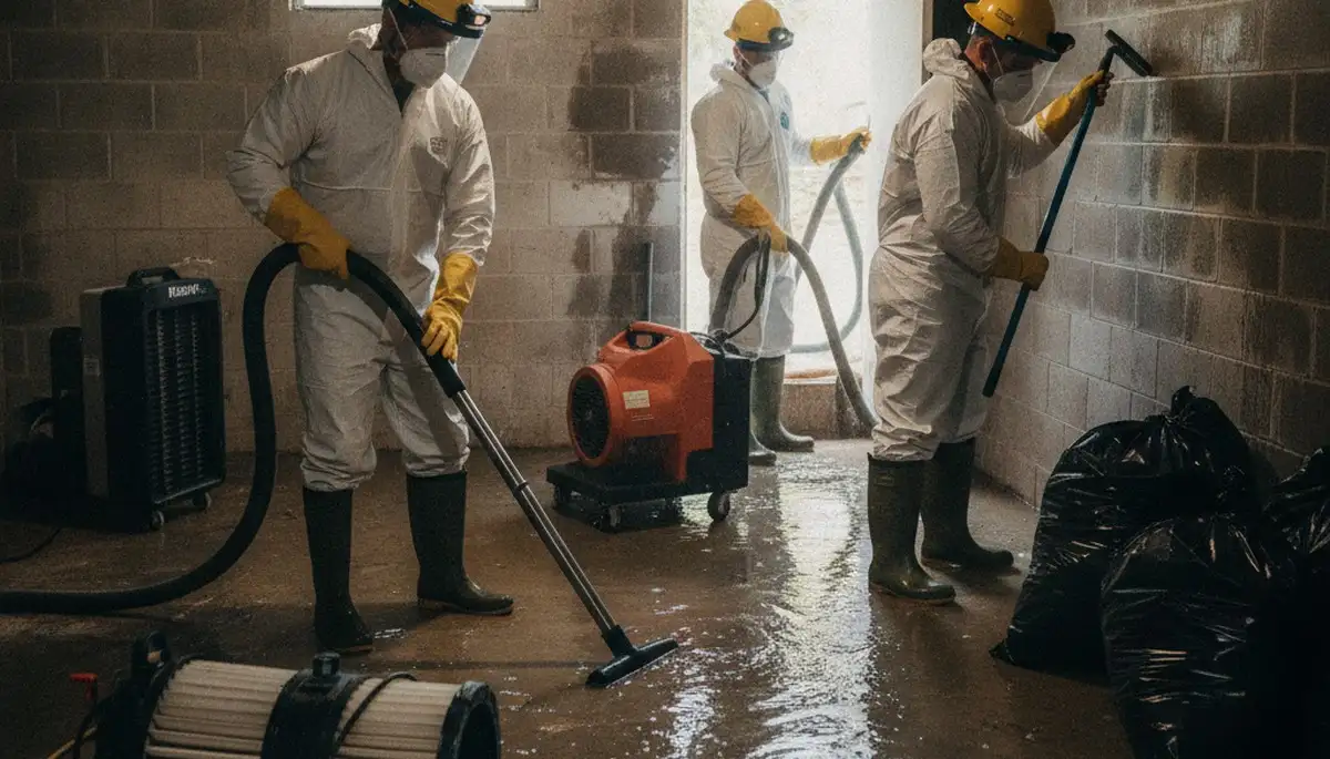 Sewer backup cleanup team removing sewage damage in Montgomery, AL home