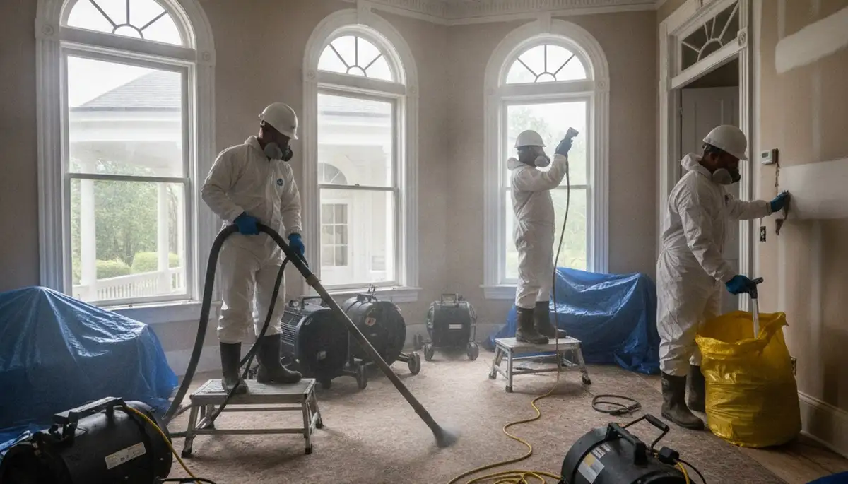 Water damage restoration team in Montgomery, AL inspecting and drying a damaged property