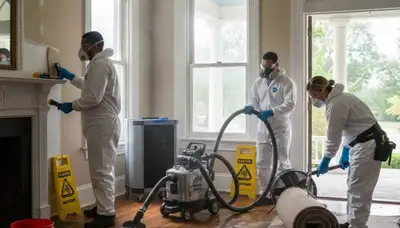 Water damage restoration team in Montgomery, AL inspecting a flooded home for cleanup and repairs